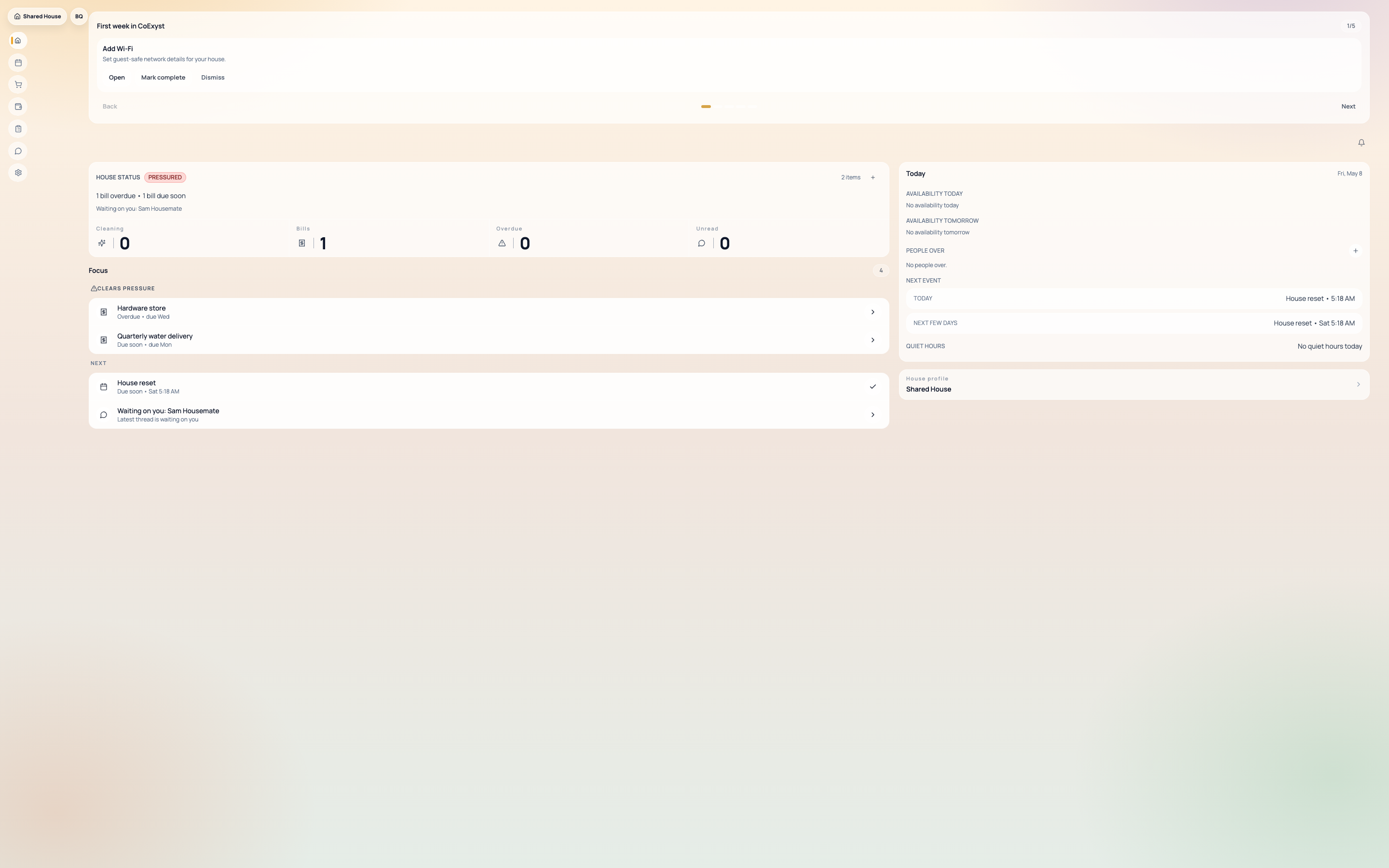CoExyst shared-home operating system dashboard